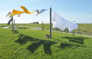 Green grass with clean clothes drying on a line