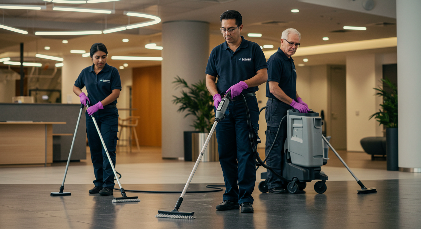 Cleaning Staff in office lobby