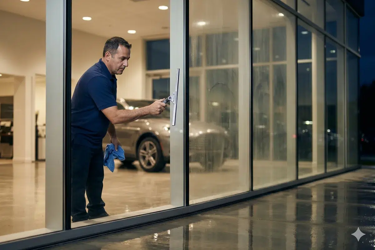 Showroom glass being cleaned at a Long Island dealership