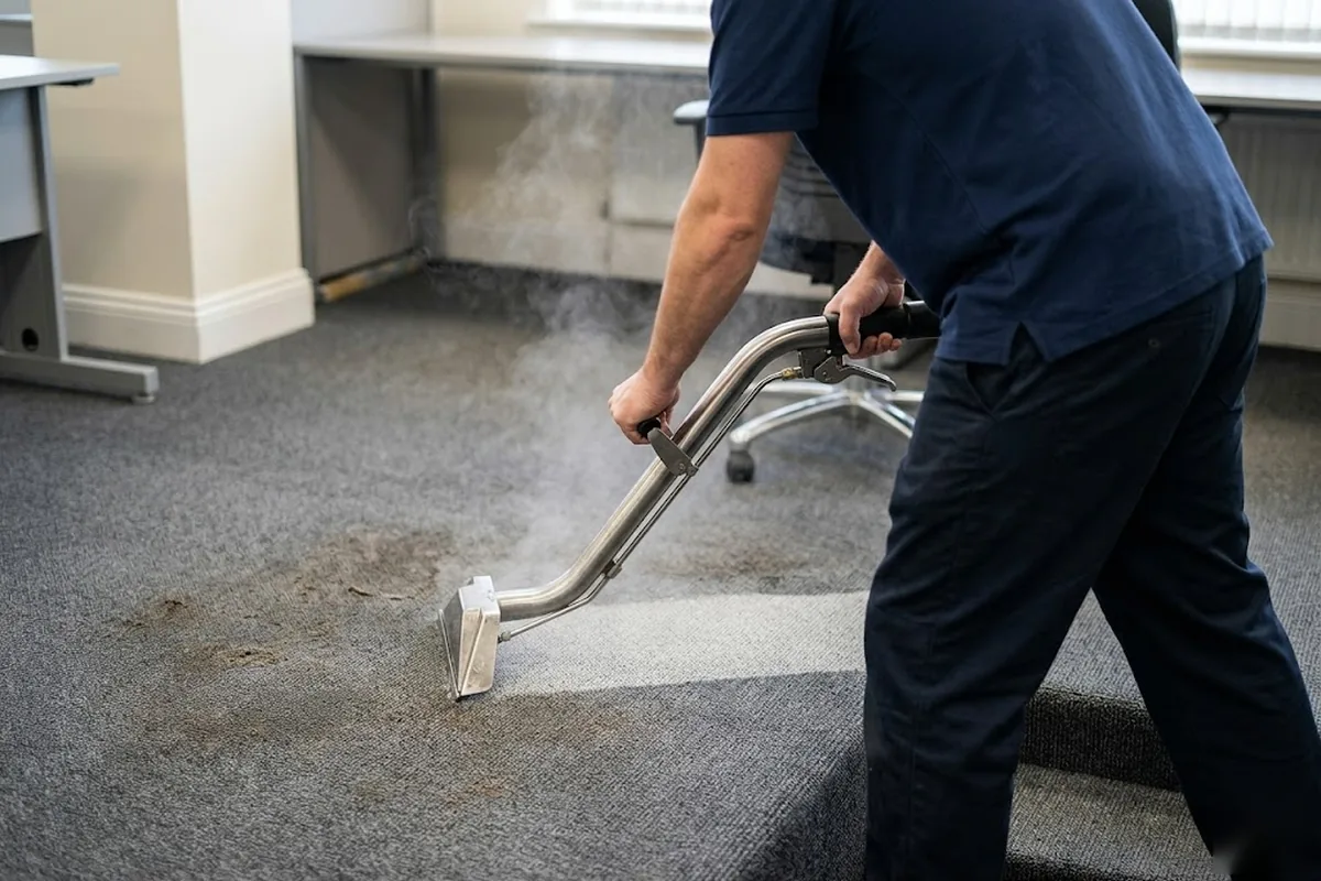 E and J Cleaning technician performing hot water extraction on commercial carpet