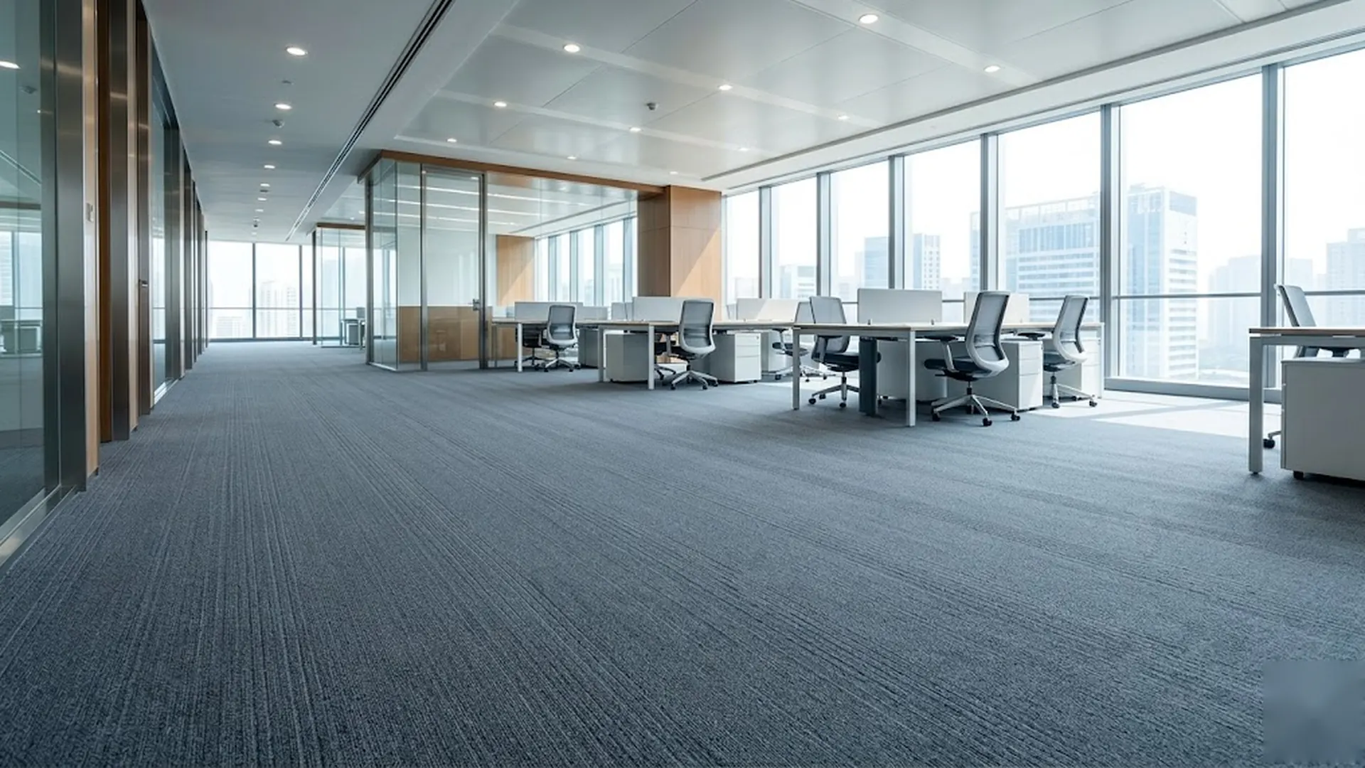 Freshly cleaned commercial carpet in a Long Island office by E and J Cleaning