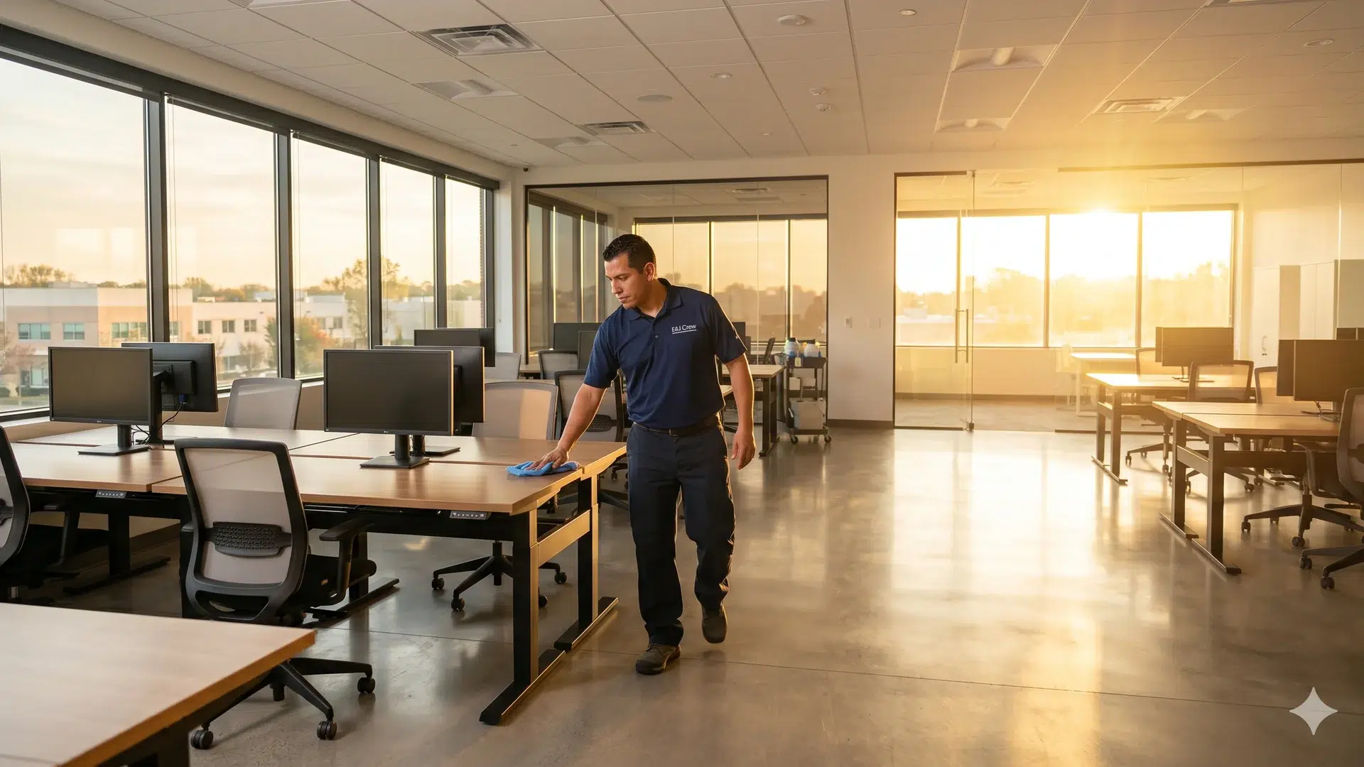 E and J Cleaning Services commercial cleaning crew arriving at a Long Island office building