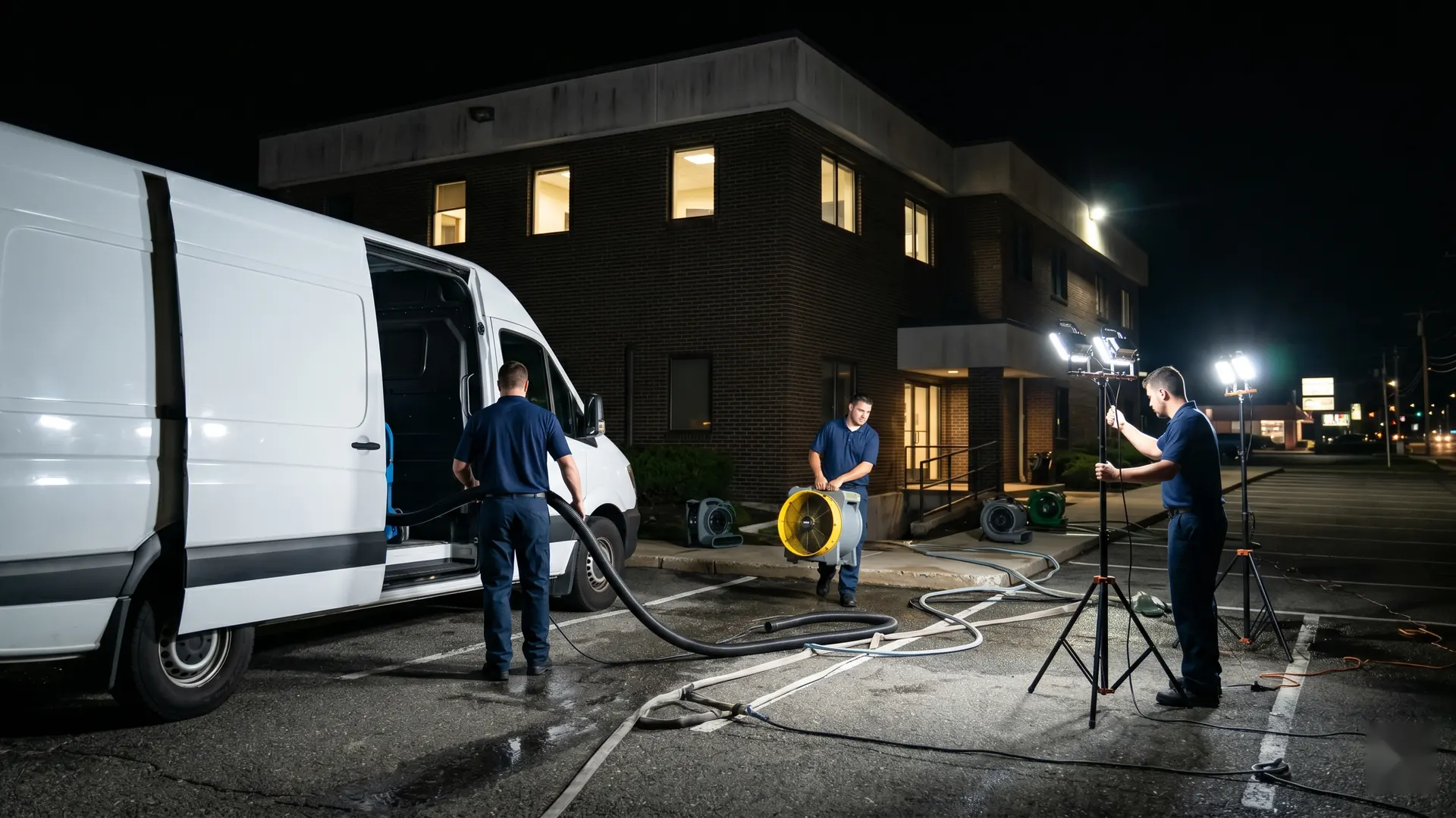 E and J Cleaning emergency response team arriving at a Long Island commercial property at night