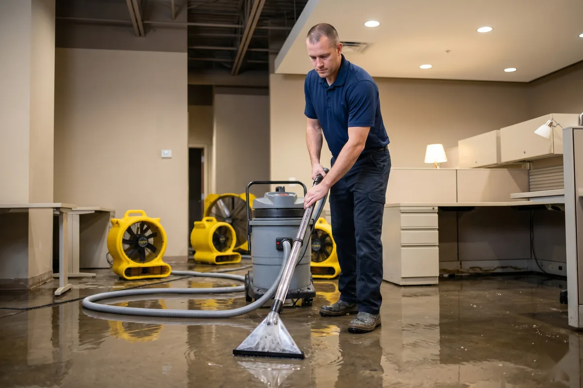E and J Cleaning technician extracting standing water from a flooded office floor