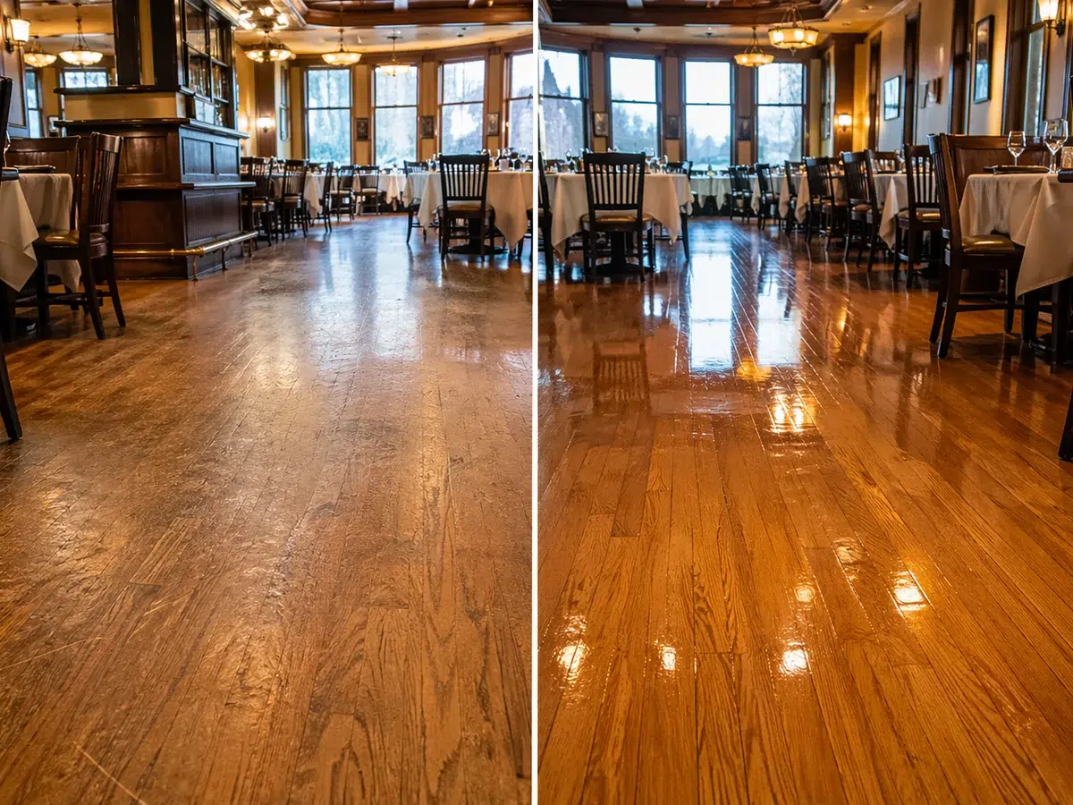 Before and after comparison of commercial hardwood floor refinishing by E and J Cleaning