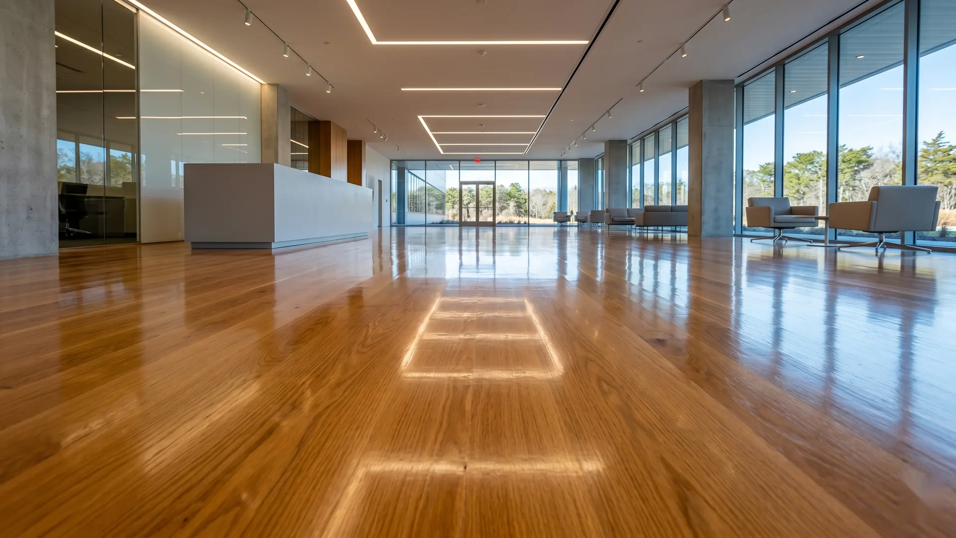 Glossy refinished commercial hardwood floor by E and J Cleaning on Long Island