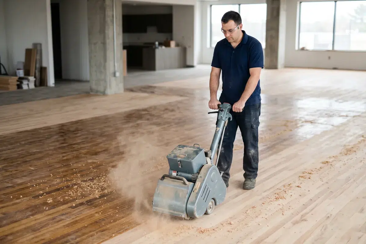 E and J Cleaning technician sanding a commercial hardwood floor during refinishing