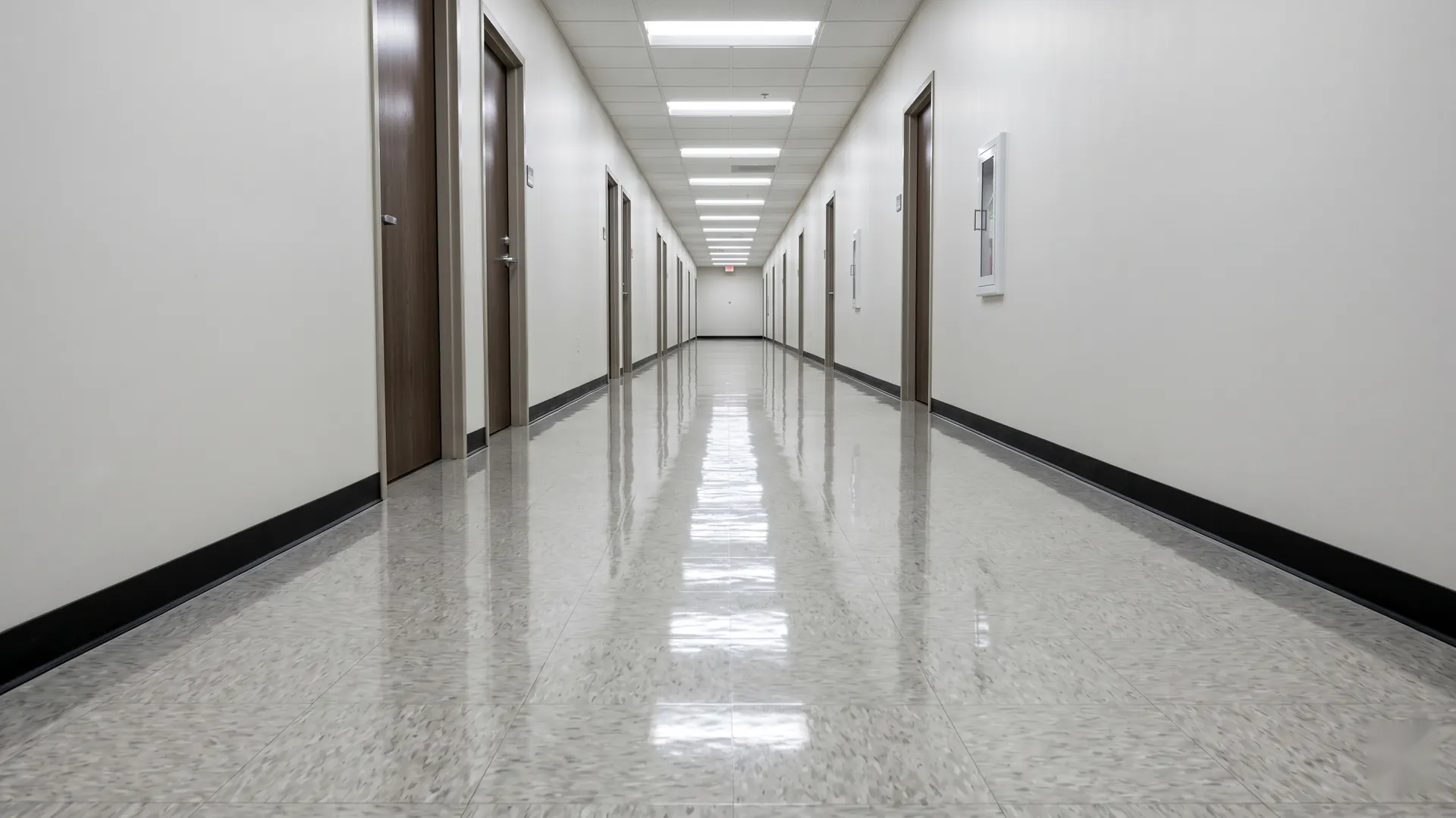 Freshly waxed high-gloss commercial tile floor in a Long Island hallway