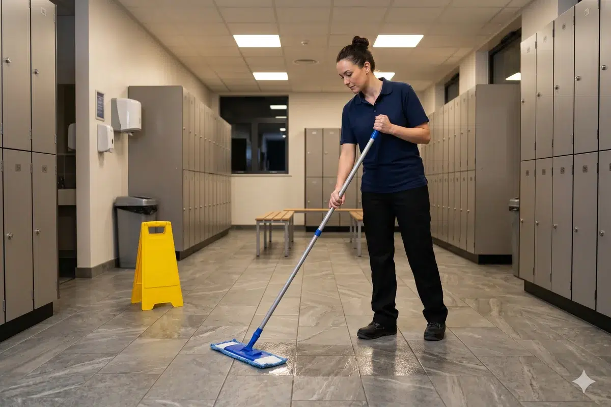 Gym locker room being cleaned