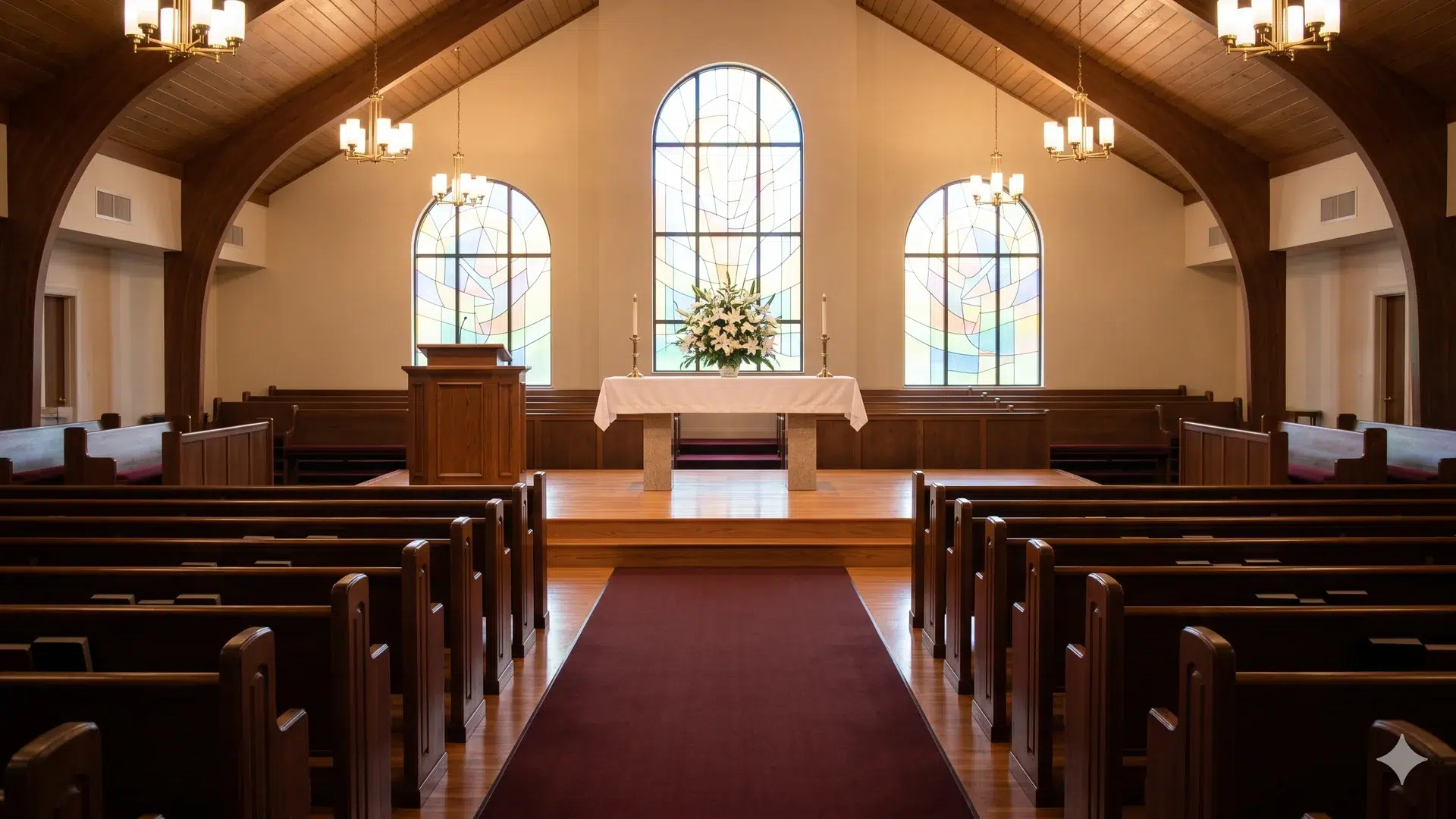 Clean Long Island sanctuary with polished pews