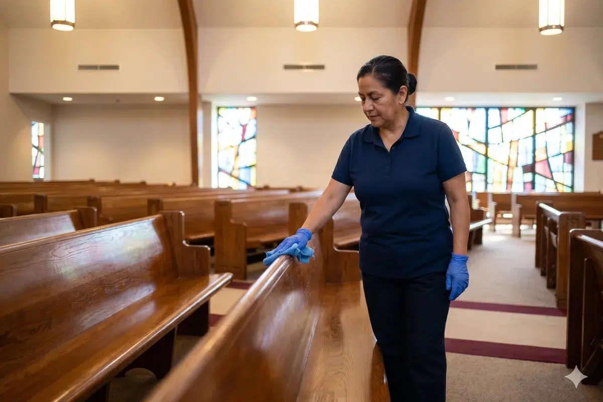 Sanctuary pews being wiped