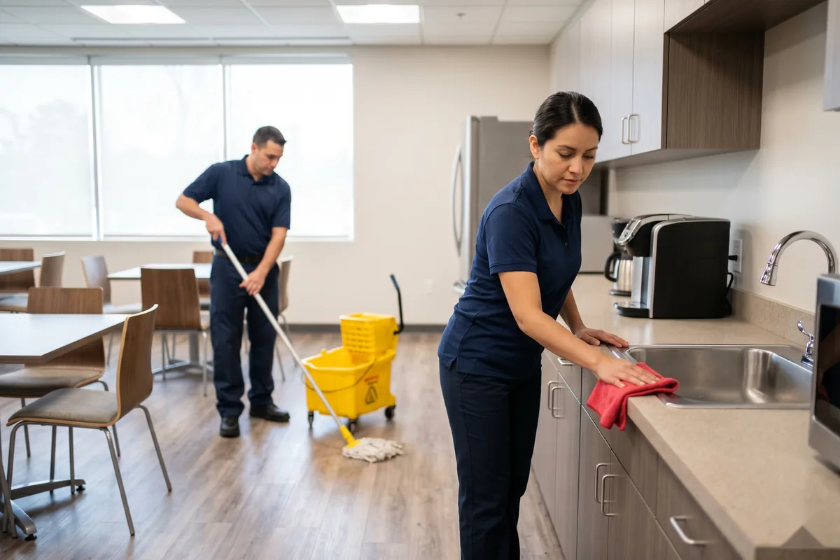 E and J Cleaning janitorial crew cleaning a commercial common area
