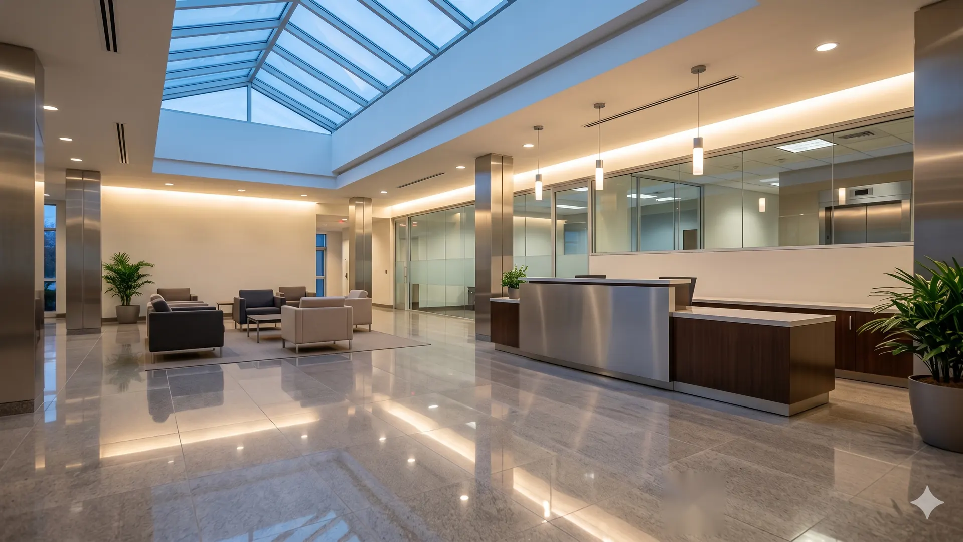 Spotless Long Island commercial lobby after E and J Cleaning janitorial service