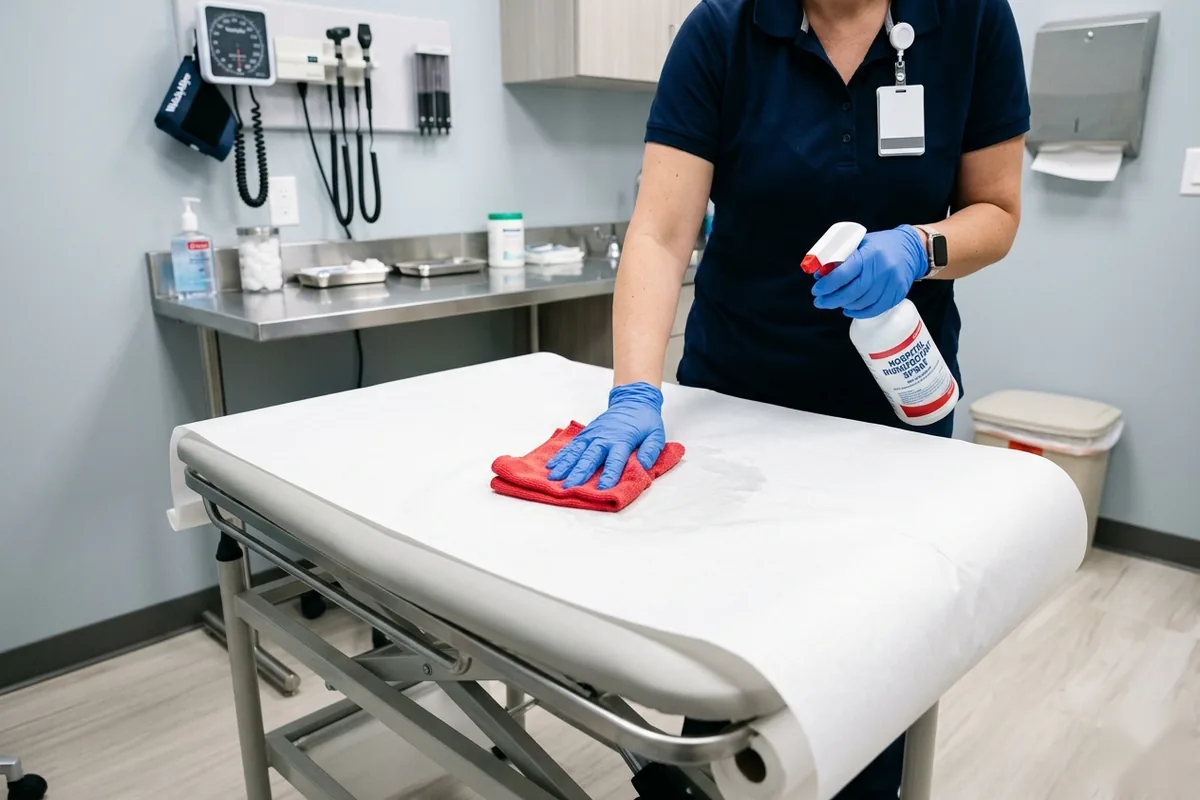 E and J Cleaning technician disinfecting a medical exam room