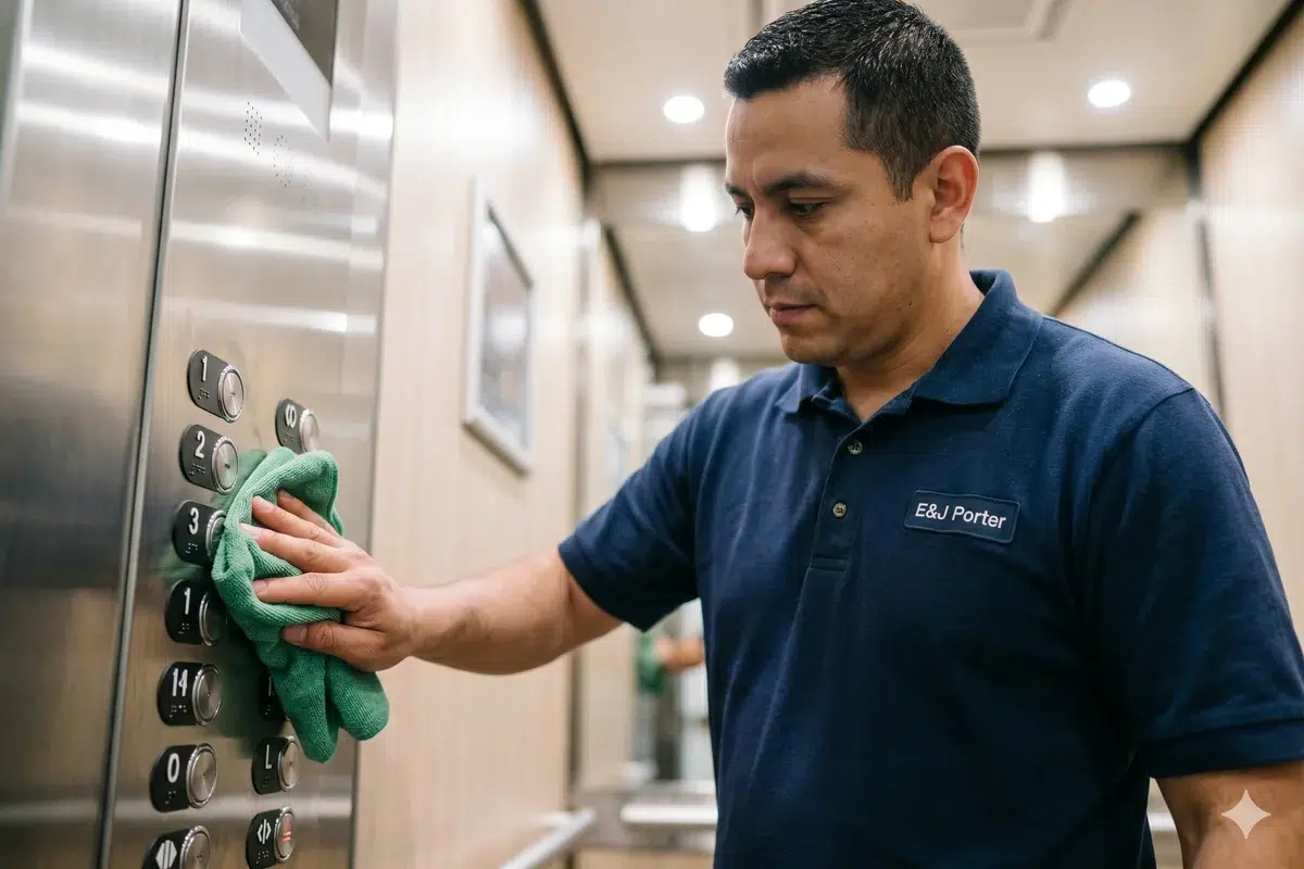 Day porter wiping lobby surfaces