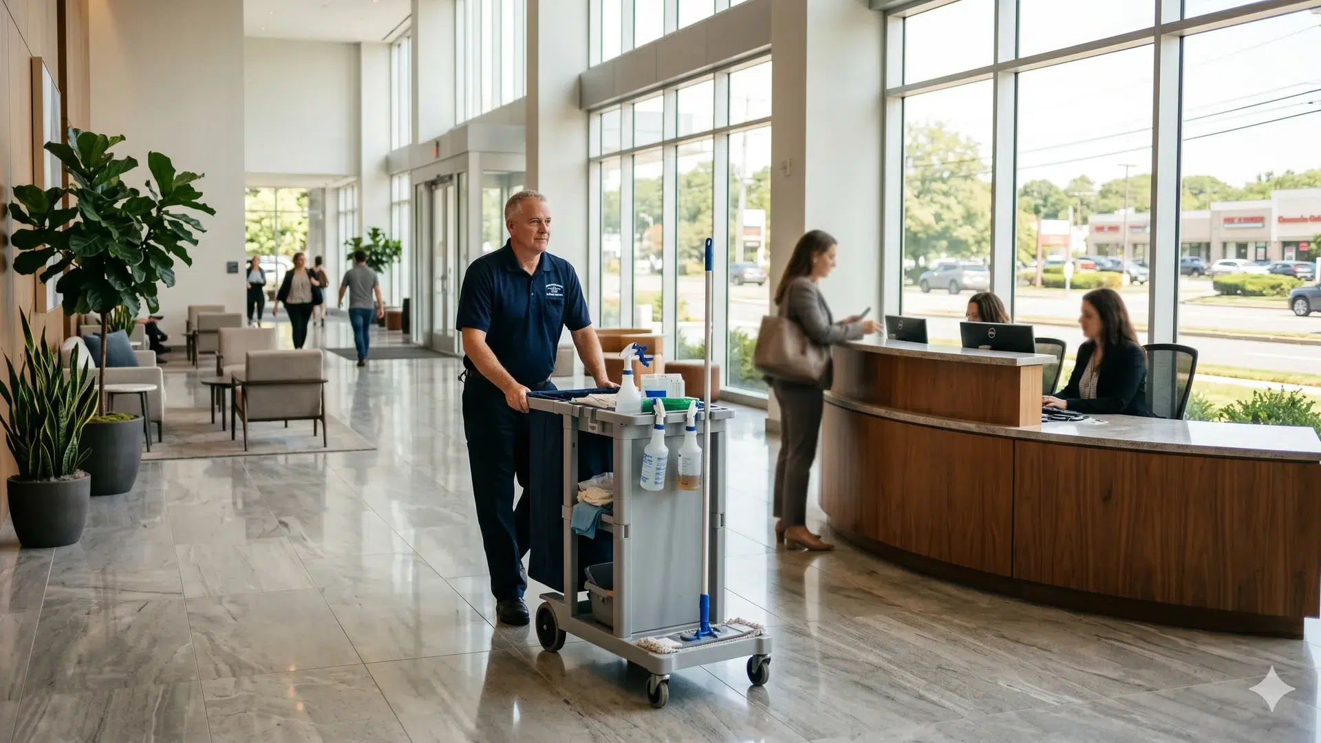 Day porter maintaining a Long Island office lobby