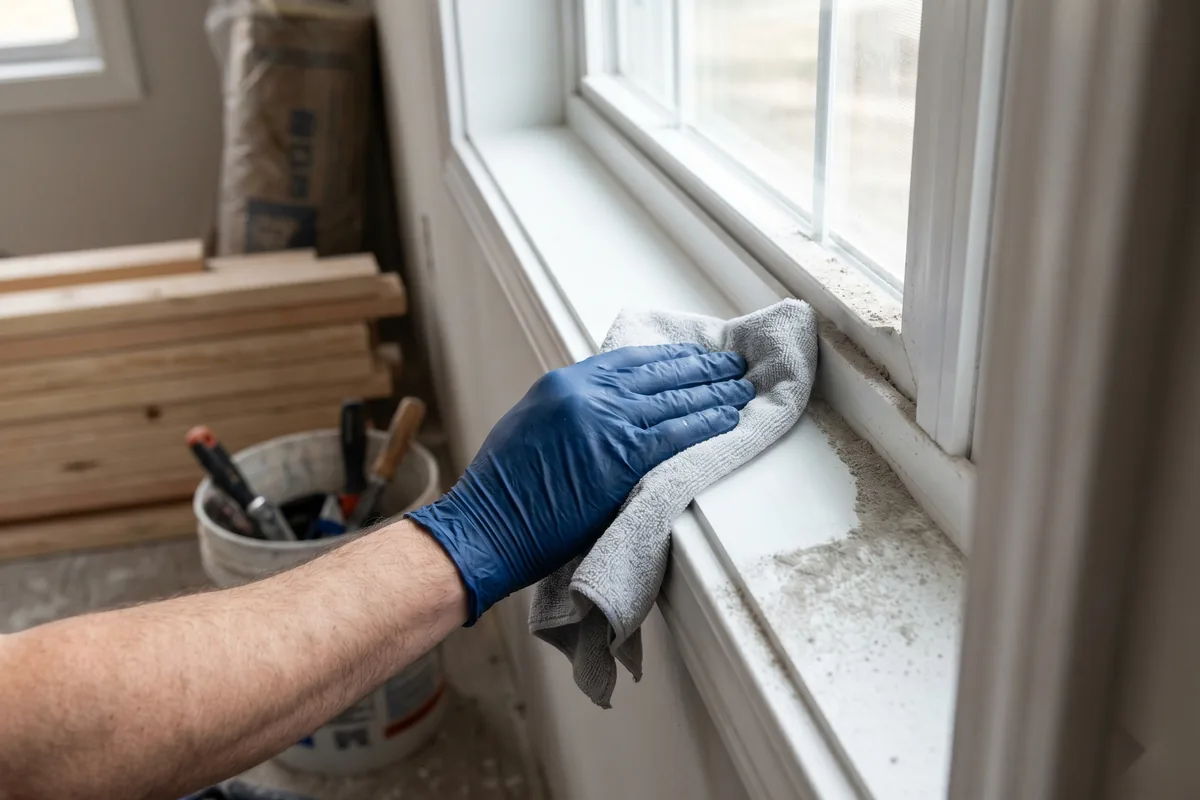 E and J Cleaning technician wiping fine construction dust off a new window frame