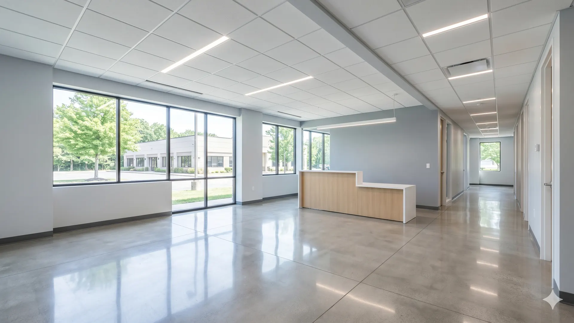 Newly renovated commercial space spotless after E and J Cleaning post-construction cleanup