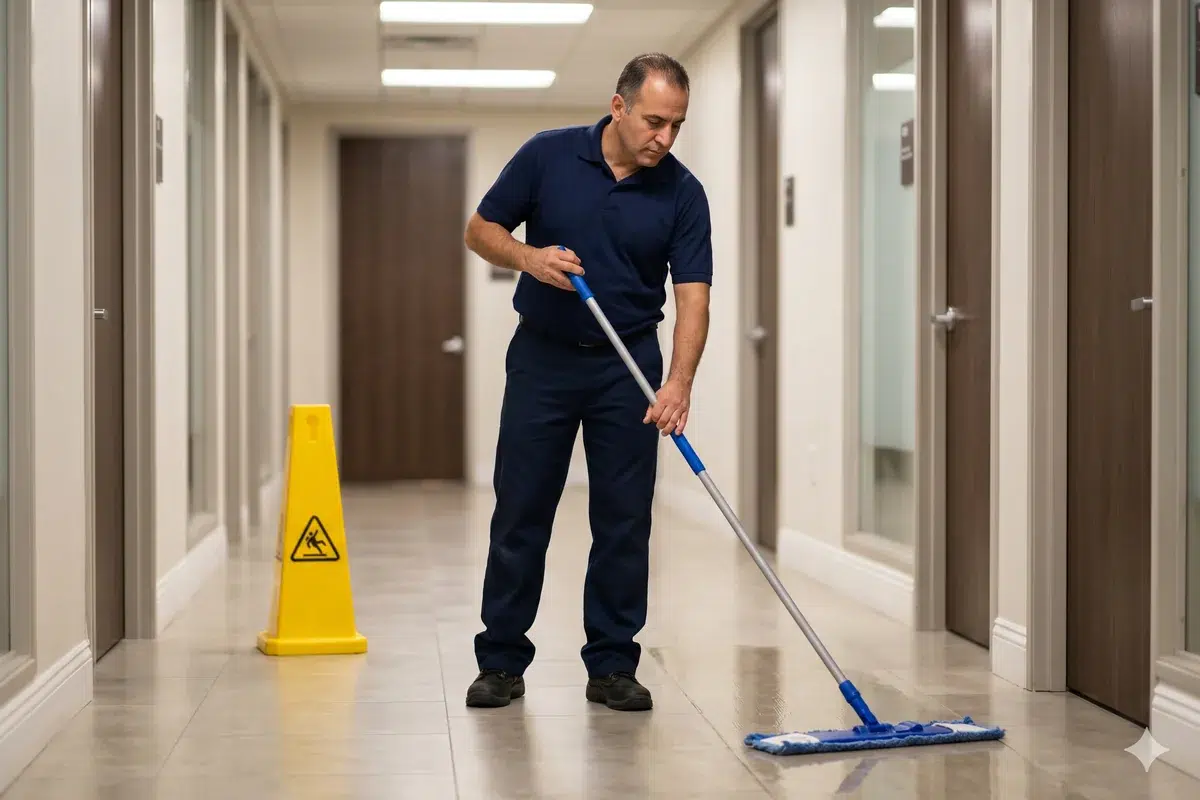 Common-area corridor being mopped