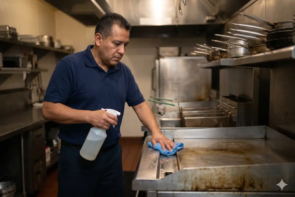 Commercial kitchen tile floor being degreased