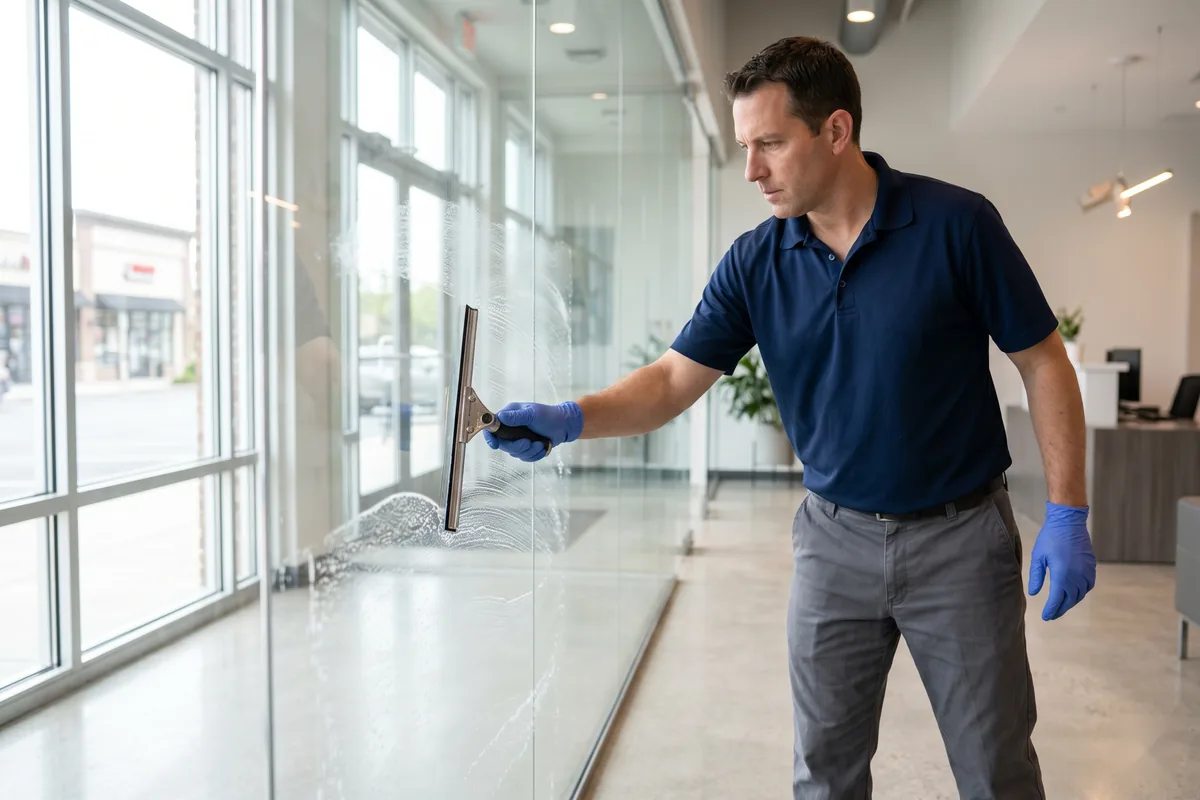 E and J Cleaning technician using a squeegee on an interior glass wall