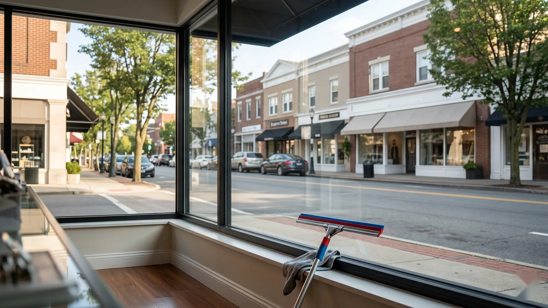 Crystal-clear Long Island storefront window after E and J Cleaning service