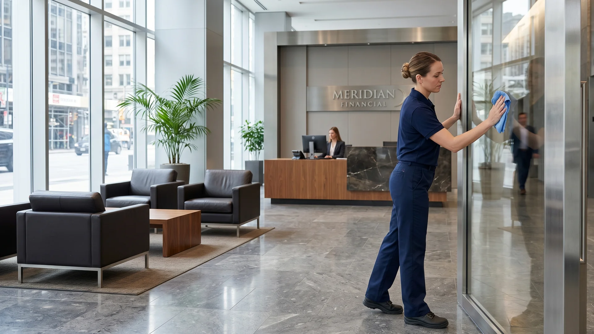 Professional cleaner servicing a premium commercial lobby with polished floors and glass partitions