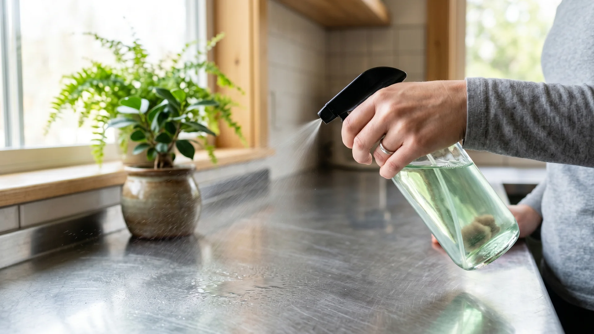 Eco-friendly green cleaning spray applied to a stainless steel commercial surface in a Long Island office