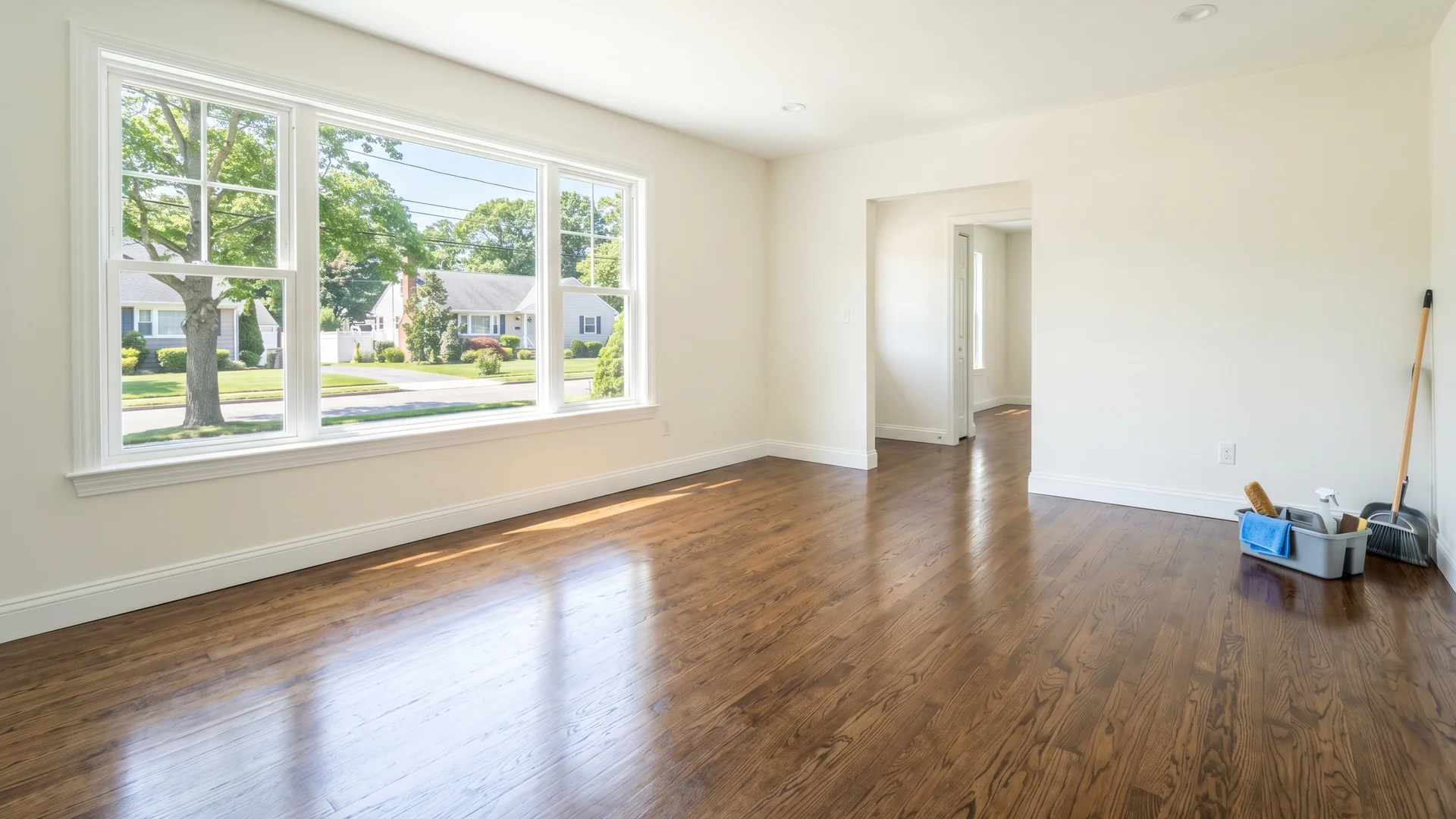 Freshly cleaned empty apartment interior with polished hardwood floors prepared for move-in or move-out turnover