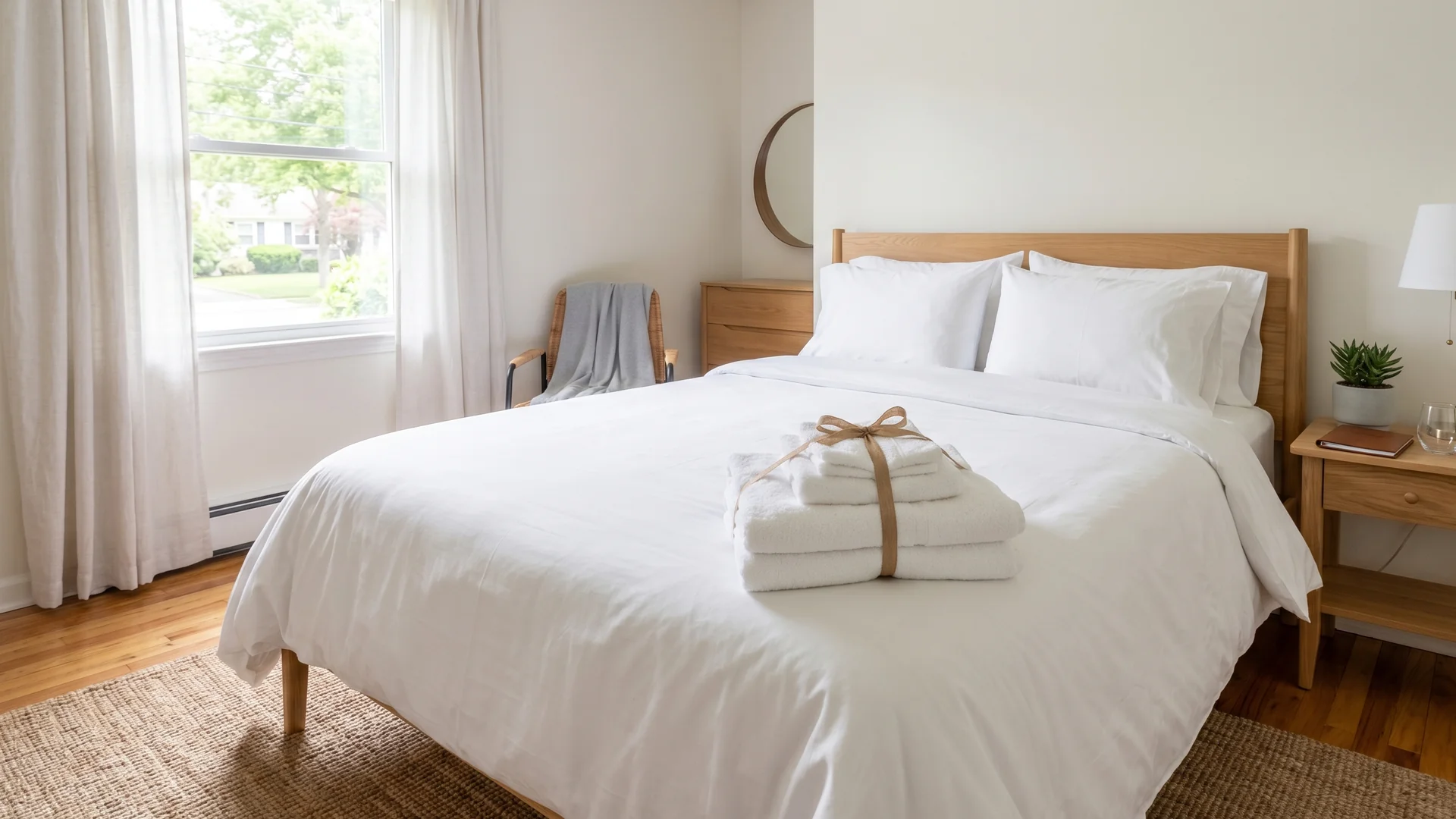 Clipboard with Airbnb turnover checklist on a freshly made bed in a Long Island short-term rental