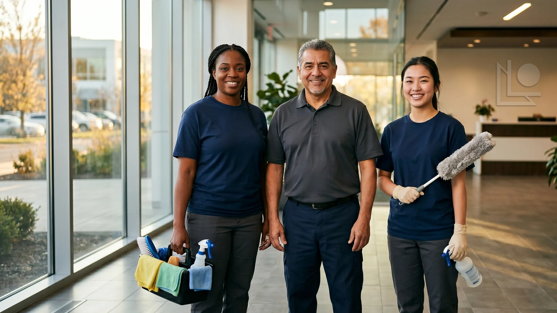 E and J Cleaning Services team on Long Island, three uniformed crew members in a clean office lobby