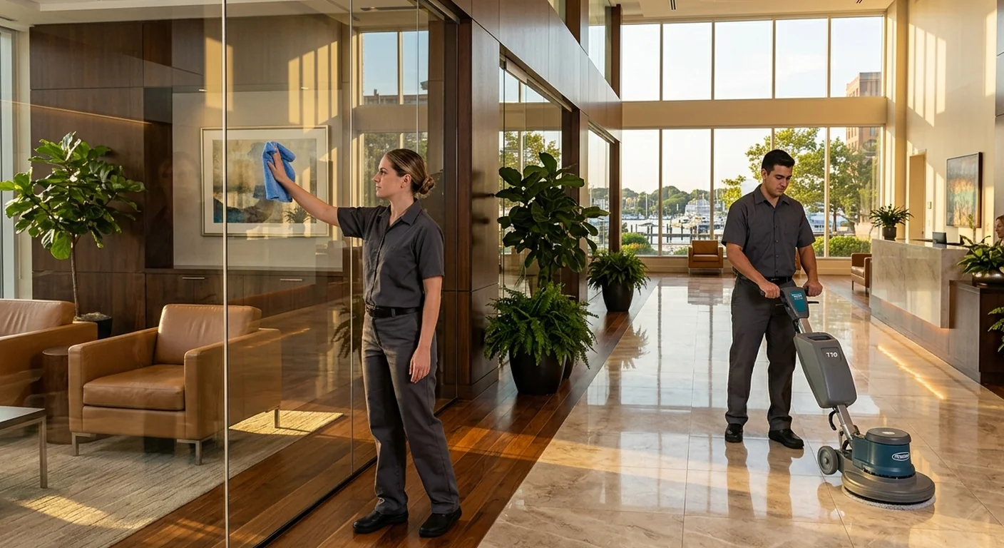 E and J Cleaning crew applying the gold standard service in a Long Island commercial lobby
