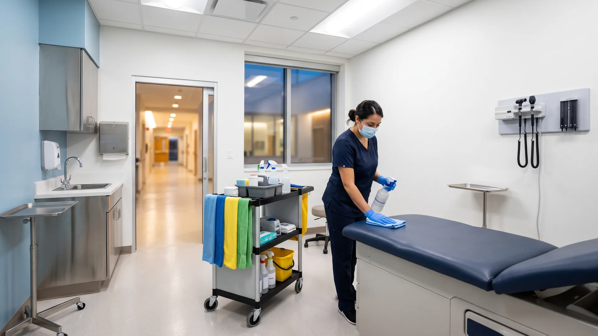 E and J Cleaning technician disinfecting an exam table in a Long Island medical office