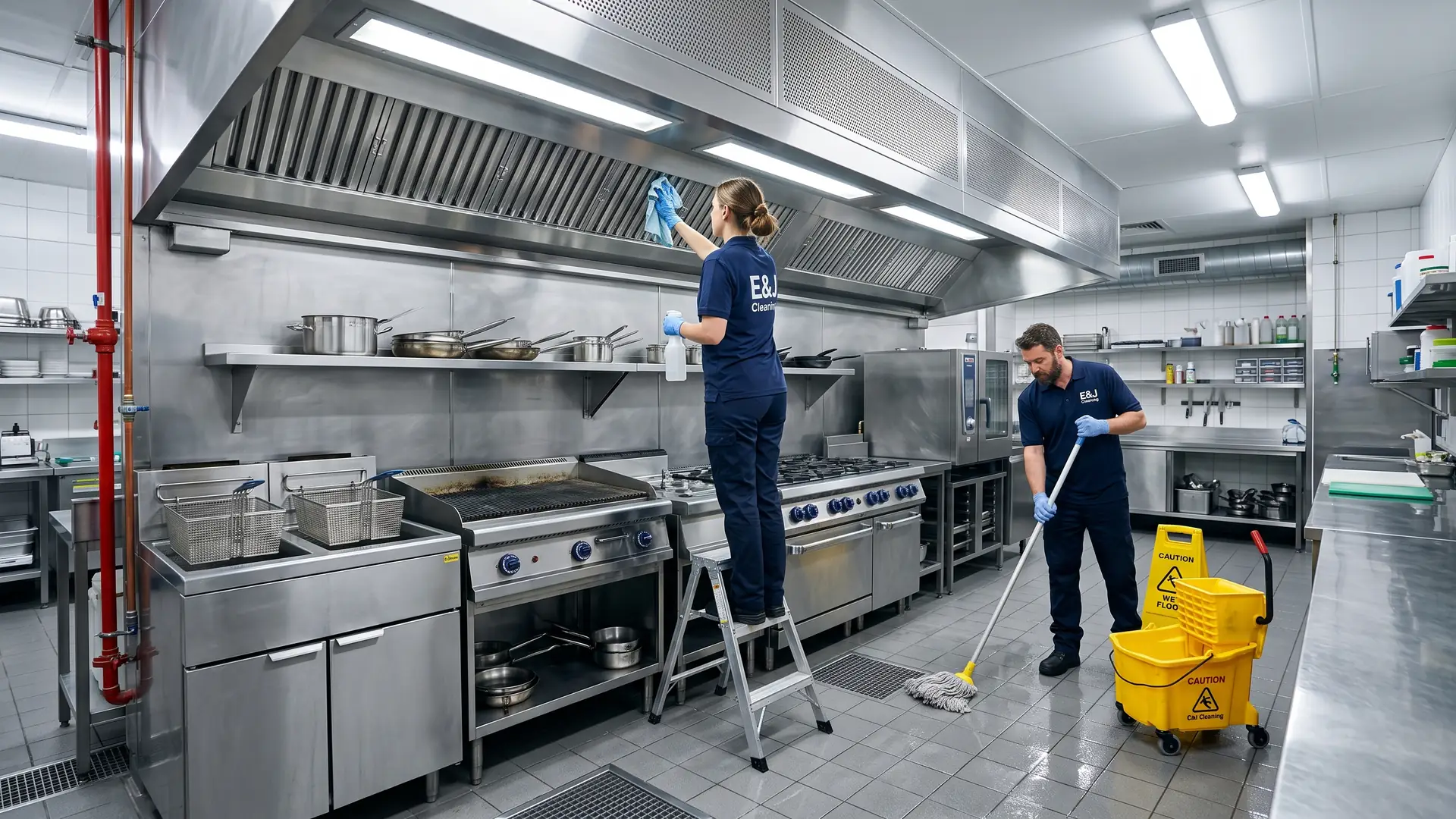 E and J Cleaning crew deep-cleaning a commercial restaurant kitchen on Long Island