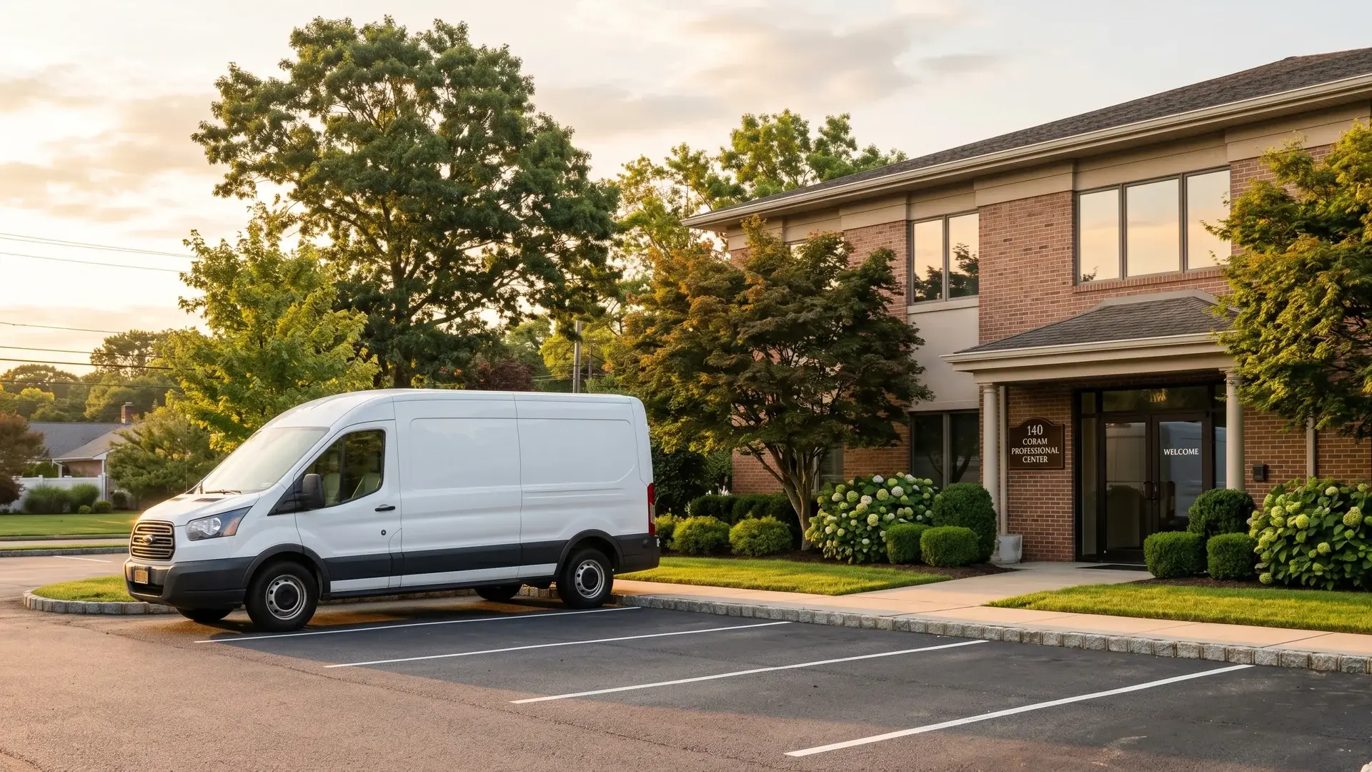 E & J Cleaning Services van at a Long Island office building serving Nassau and Suffolk County