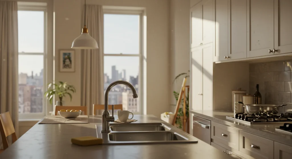 Spotless, sunlit kitchen after a professional cleaning