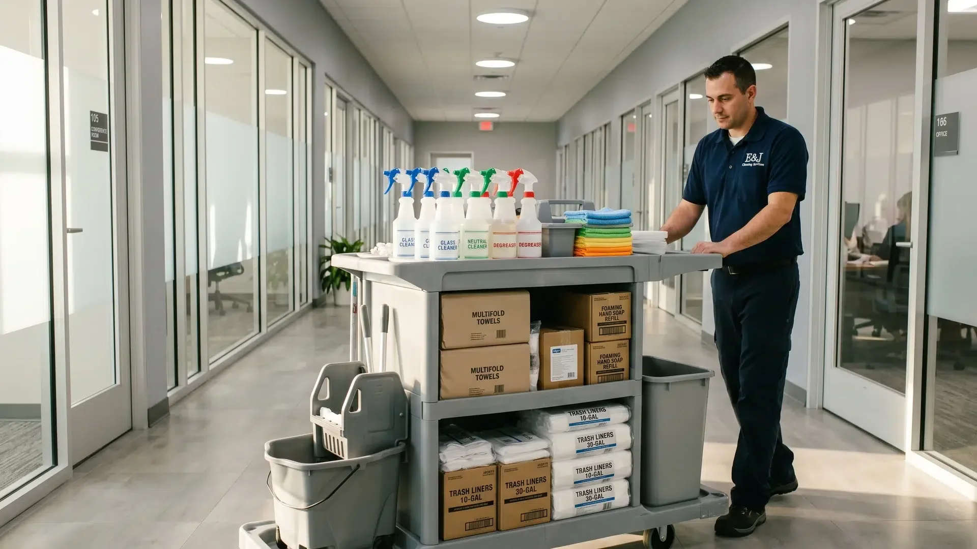 Stocked cleaning supply cart at a Long Island commercial building