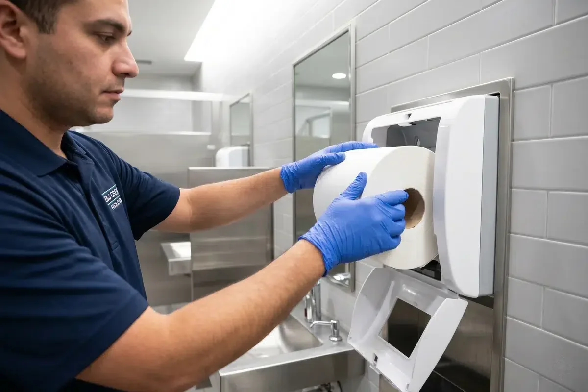 Paper towels being restocked in a commercial restroom