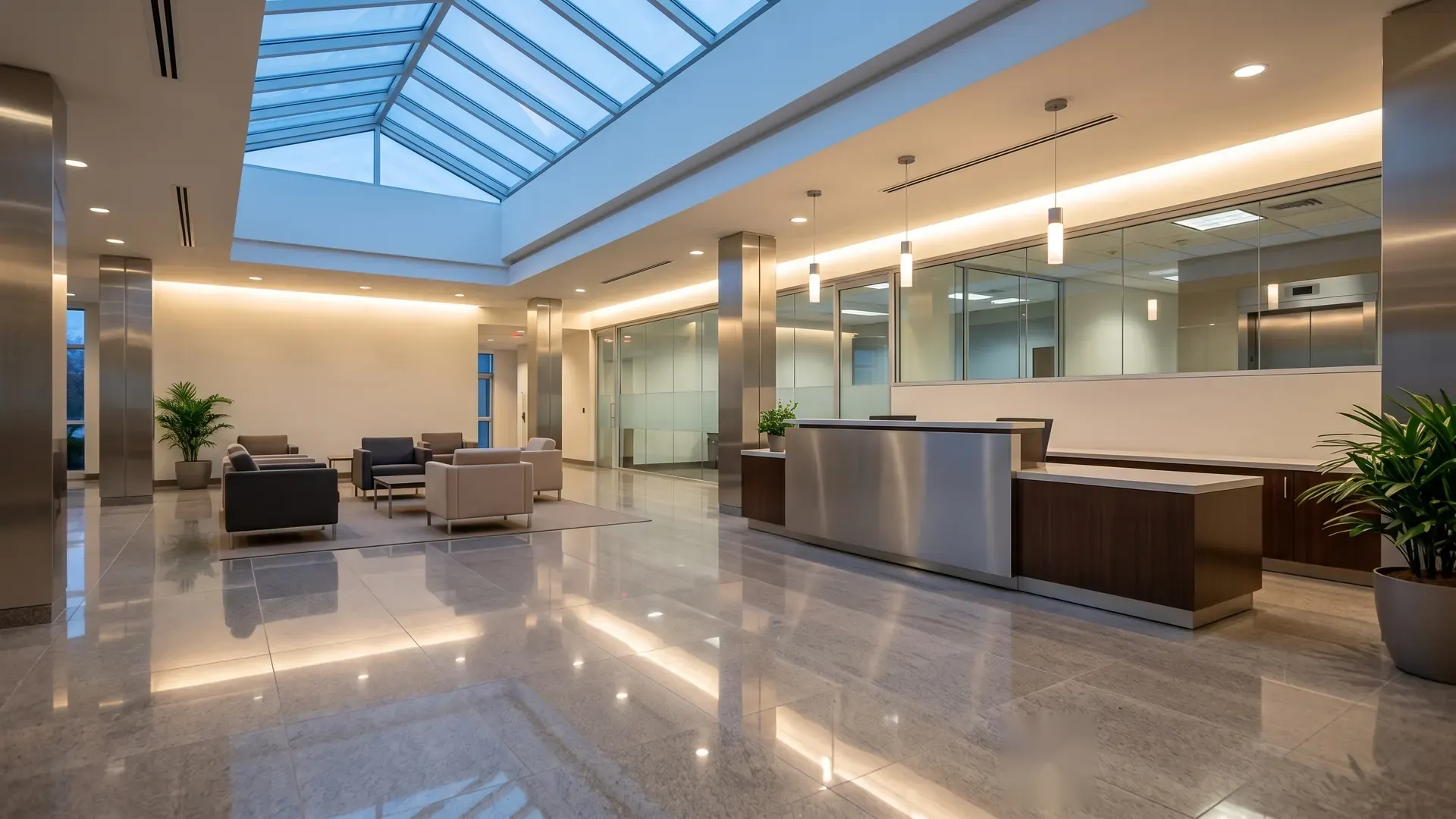 Spotless Long Island commercial lobby after E and J Cleaning janitorial service