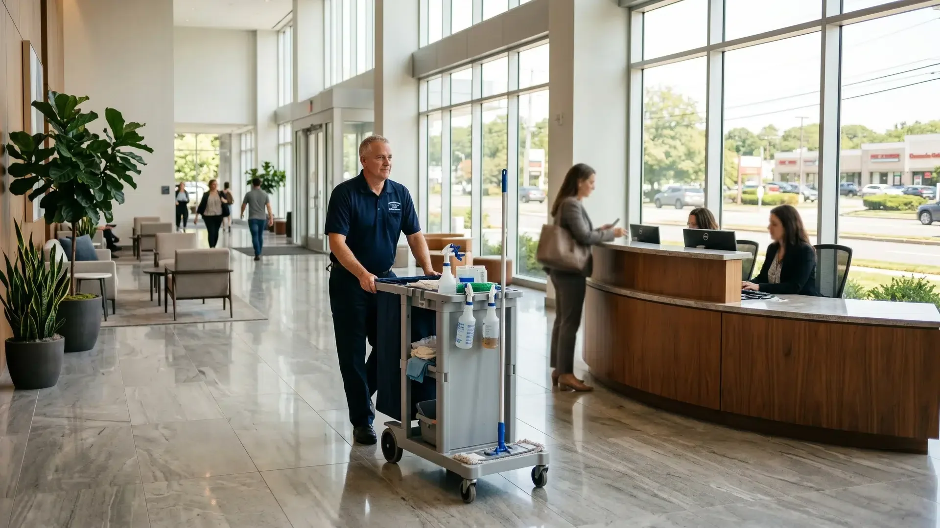 Day porter maintaining a Long Island office lobby