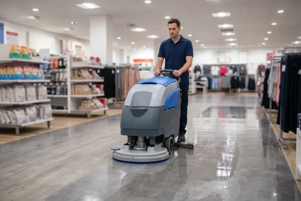 Cleaner scrubbing a retail store floor with an auto scrubber